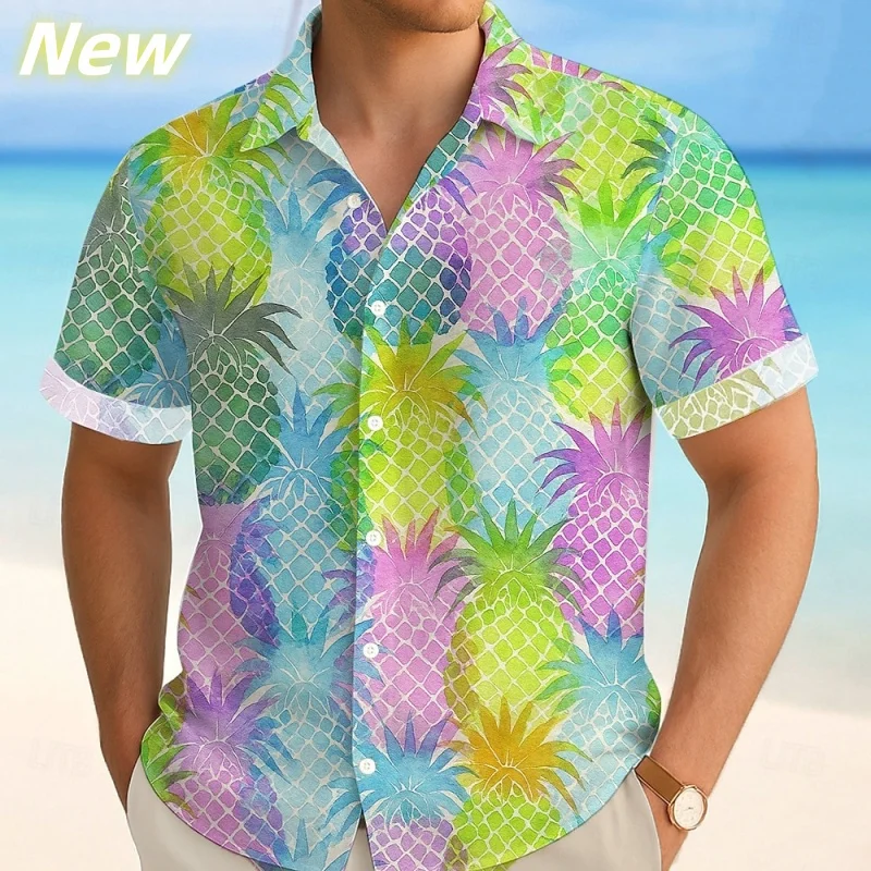 

3D Print Colorful Pineapple Aloha Shirt For Men Fruit Graphic Blouses Casual Short Sleeve Hawalian Shirts Loose Street Lapel Top