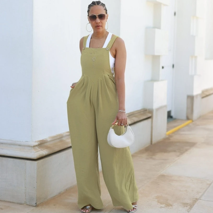 Women Jumpsuits For Summer Sleeveless Solid Color Loose Fashion Streetwear Overalls Wide Leg Pants Trousers 2024 Summer