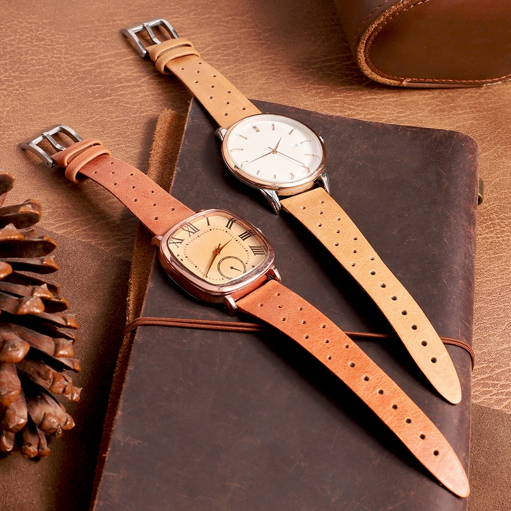 New Short Genuine Leather Watchband 19mm 20mm Brown Coffee Watch Strap Handmade Stitching Breathable Hole Bracelet for Men Watch