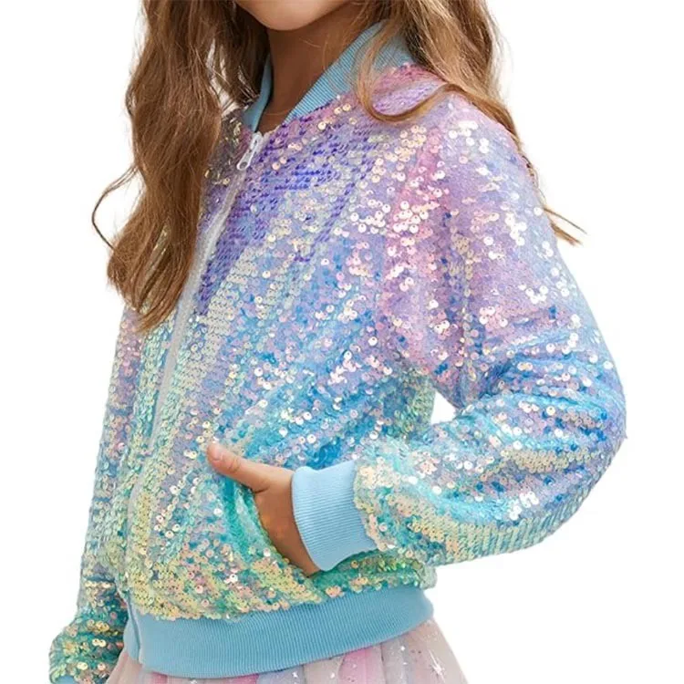 

Sequined Bomber Jacket Reversible Sequins Cropped Length Pink Blue Green Outerwear Iridescent Sequins Long Sleeve Zipper Front