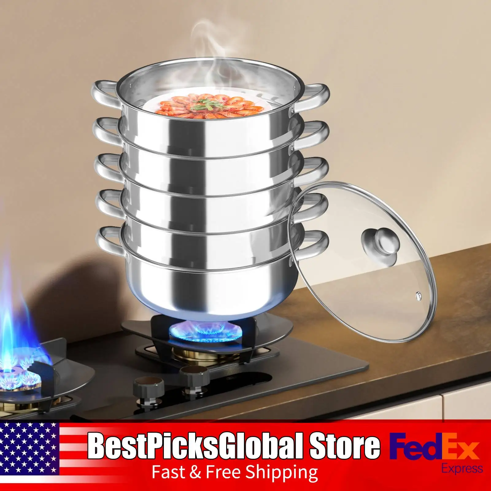 

5-Layer Stainless Steel Steamer Pot with Glass Lid, Portable 30cm Steamer, Steaming Pot for Gas Electric Induction Cooktop