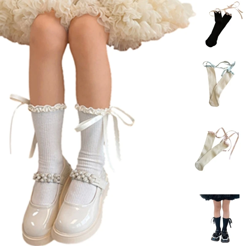 

Ribbon Lace Bowknot Socks Girl Stretchy Knee High Socks Breathable MidCalf Socks