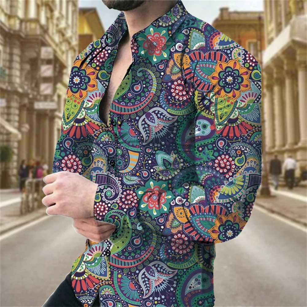 New Luxury Pelis Floral Shirts For Men 3d Printed Lapel Long Sleeved Shirts Y2k Vintage Casual Slim Clothes Tops With Button