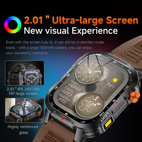 Imagen 2 del producto 2025 Global Hiking Smartwatch Pantalla de 2,01 pulgadas Batería de 1100 mAh Luz LED Brújula IP68 Asistente de voz Reloj deportivo al aire libre