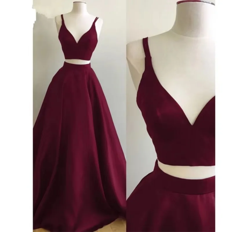 

Burgundy Dress Spaghetti Formal Gown Vestidos De Festa Sleeveless 2 Pieces V Neck Fashion Dresses Long Robe De Soiree