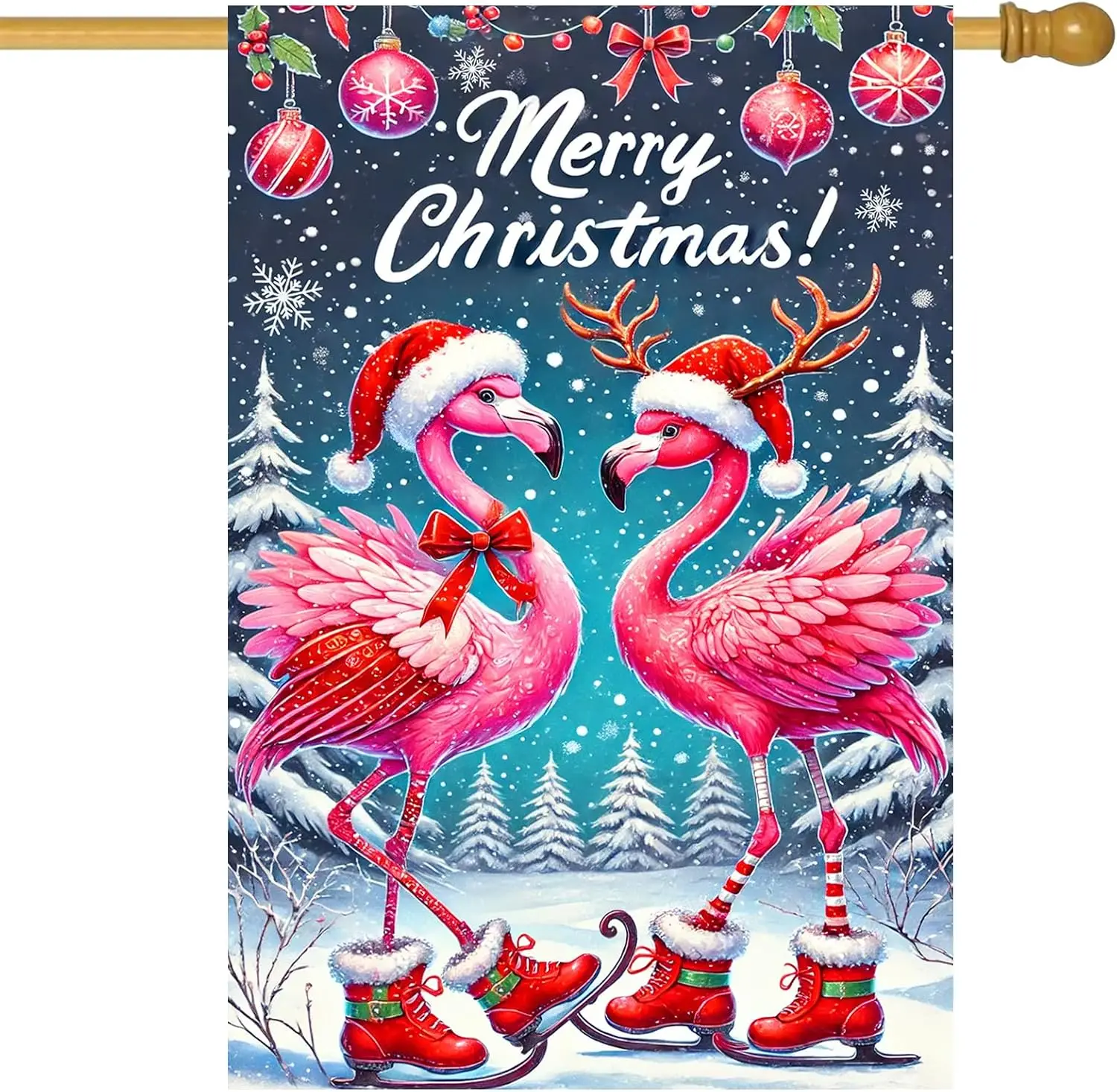 Bandera de la casa de Feliz Navidad Bandera de jardín de doble cara de 28 x 40 pulgadas con dos flamencos en sombreros de Papá Noel y patines de hielo para invierno TTW