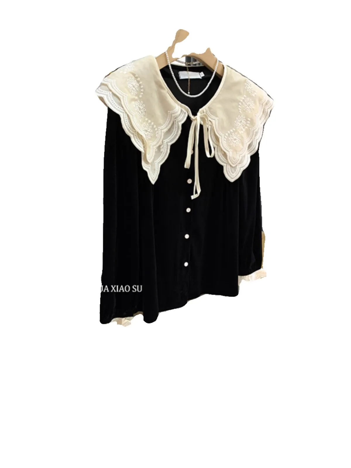 Doll Collar Vintage Blouse Women Loose Long-Sleeved Baggy Lace Lace-up Shirt Premium Comfortable Top