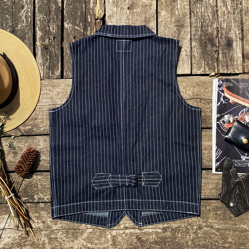 Tailor Brando American Vintage Suit Collar Vertical Stripes Biker Work Denim Vest Western Style