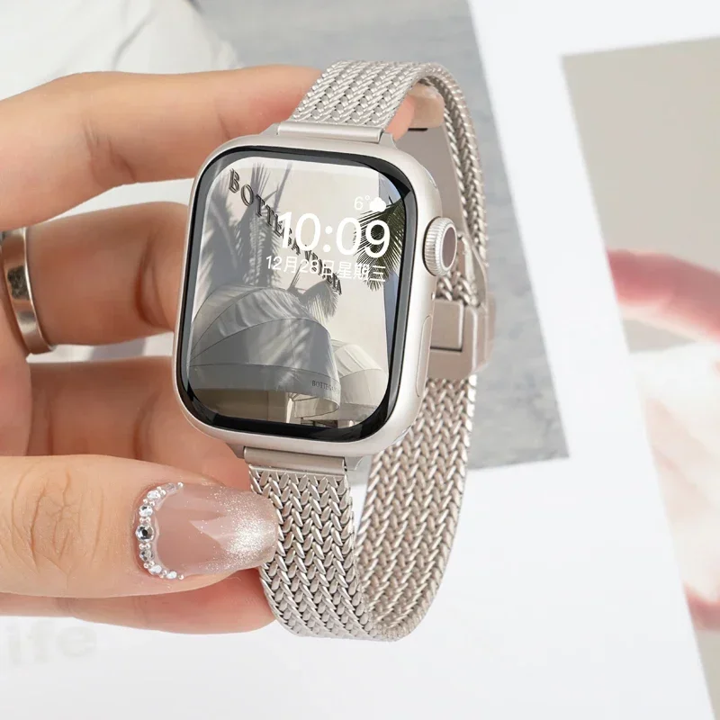 Magnetic Folding Loop Band For Apple Watch 9 8 7 41mm 45mm Slim Women Stainless Steel Strap For iwatch SE 6 5 4 40/44mm 38/42mm