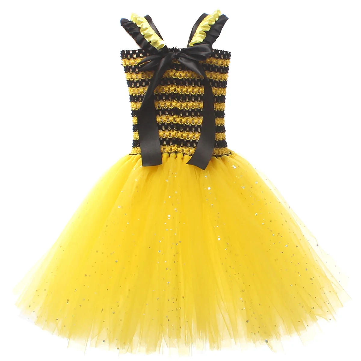 Kids Cartoon-themed Yellow Bee Pattern Animal Tulle Dress For Cute Wing Outfit For Children's Day Stage Performance Dress Up Set