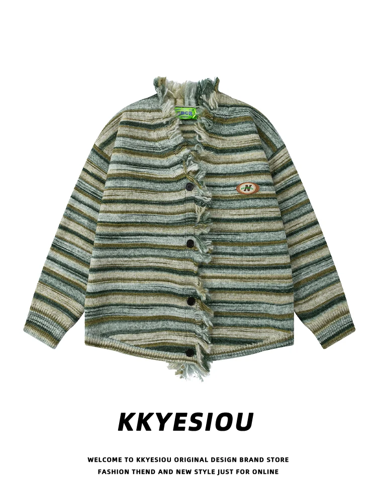 

KKyesiou American Street Sle Striped Sexy Knitted Open Cardigan Women's Distred Pure Desire Design Collar Sweater Coat