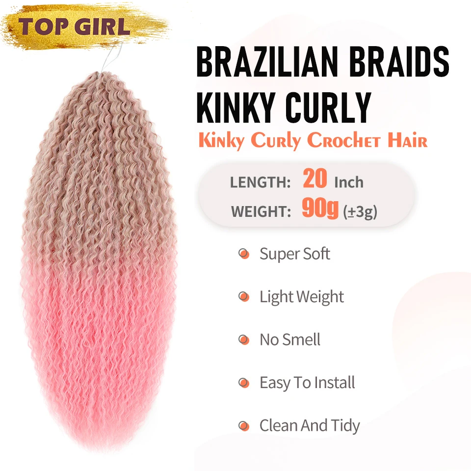 Sintético Kinky Curly Trança Extensão Do Cabelo, Braid Crochet Brasileiro, Afro Mulheres Curl Hairpiece, Loira, Ombre, Marrom, 20 \