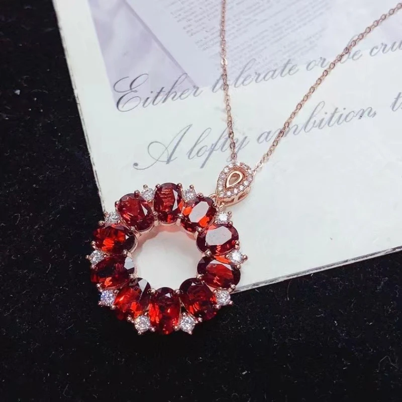 925 Silver Red Crystal Circle Pendant Natural Garnet Pendant 4mm*6mm 5ct Real Garnet Silver Necklace with 18K Gold Plating