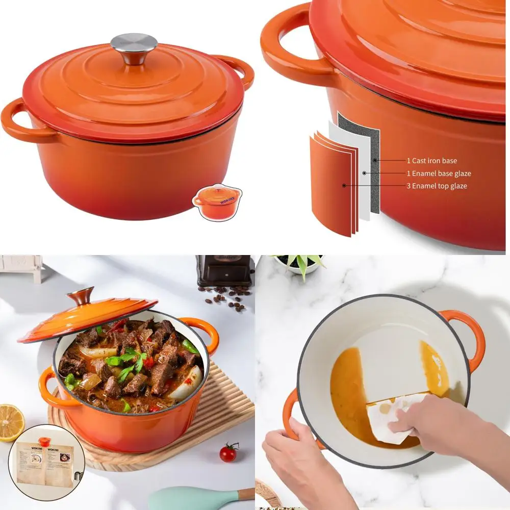 

Heavy-Duty 5.5QT Orange Enamel Cast Iron Dutch Oven Pot with Lid for Bread Baking, Braising, Stews, Roasting, and More
