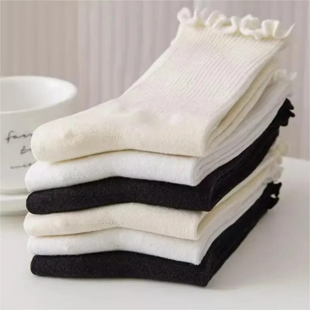 Socks Lovely Wooden Ear Edge Pile Socks Short Summer Cute Kawaii Solid Sock Korean Ruffles Ankle Girl Spring Black White Sock 양말