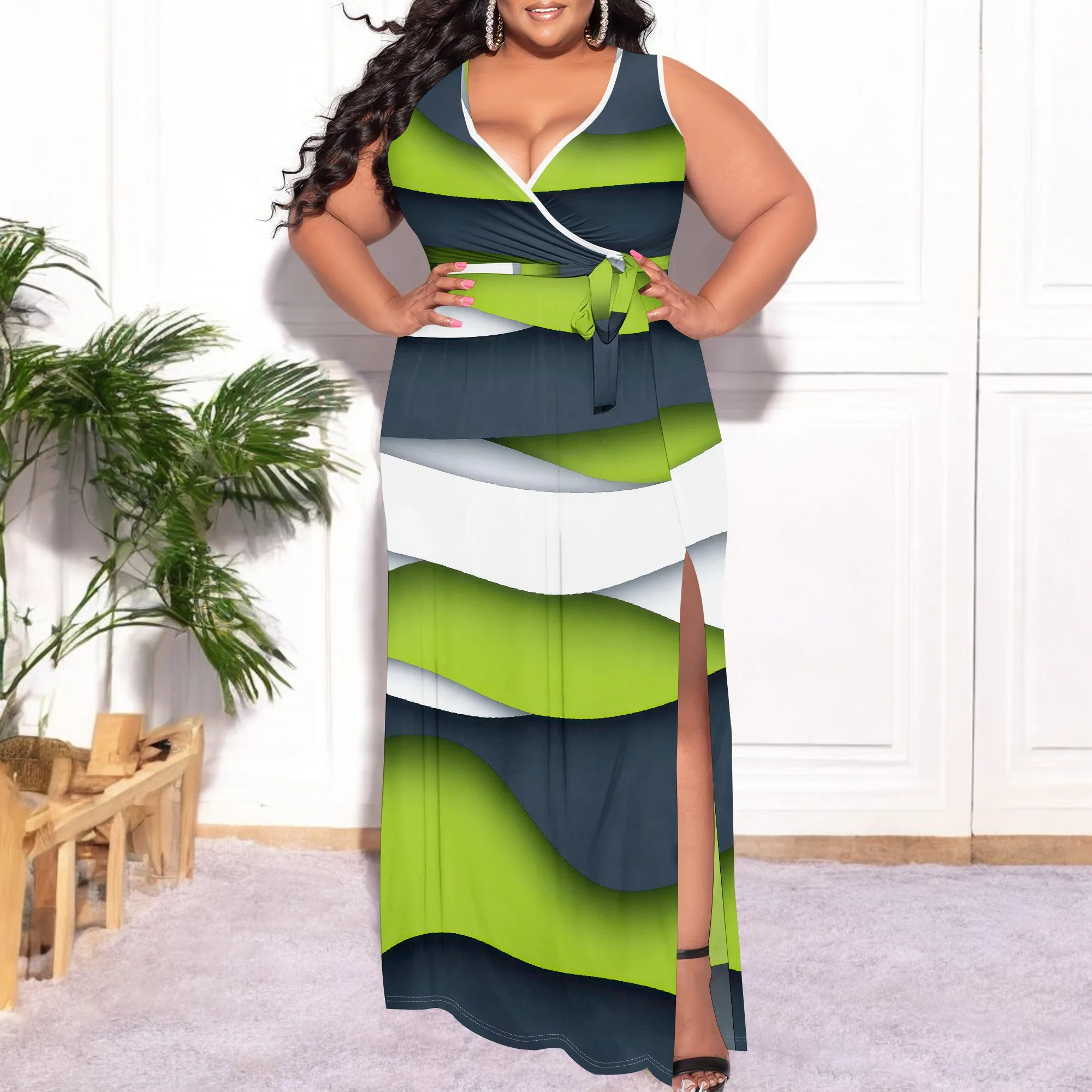 

Plus Size Floral Print V-Neck Maxi Dress for Women Sexy Slit Sleeveless Wrap Summer Vacation Dress XL-6XL
