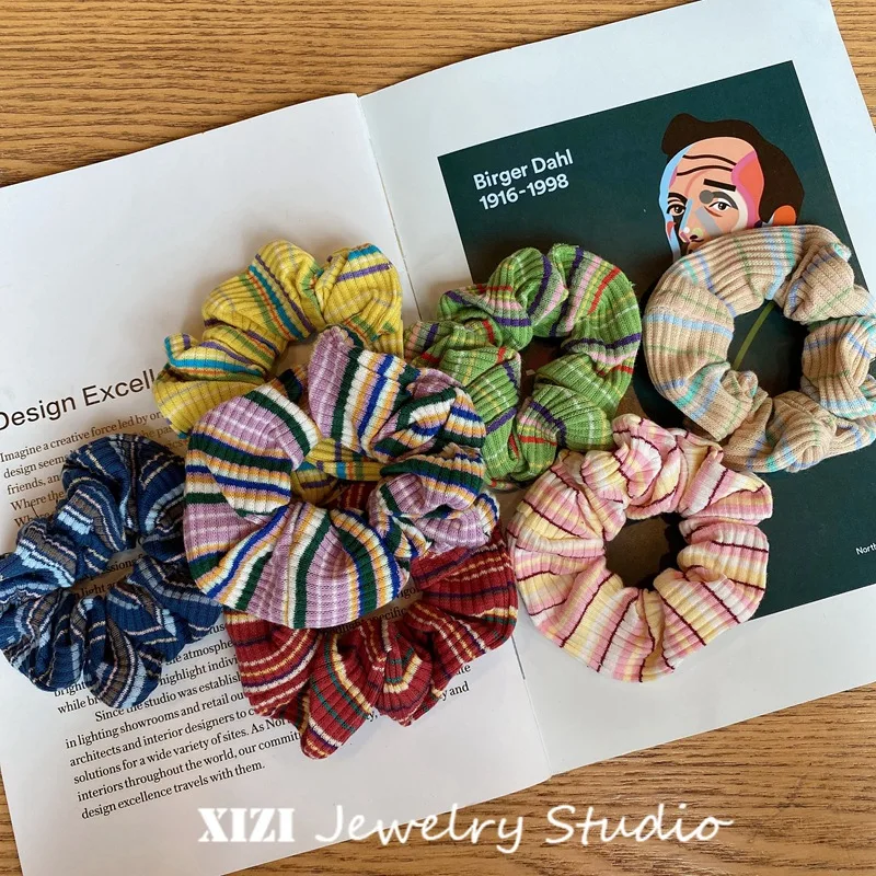 Stripe Vintage Scrunchies for Hair Chic Girls Knit Elastic Hairties Rubber Bands Headwear for Girls and Women