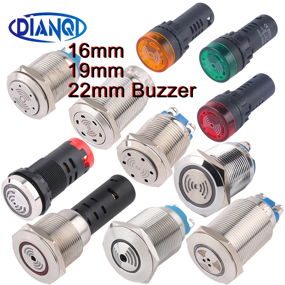 Zumbador LED rojo de 16mm, 19mm y 22mm, pulso de Metal, banda de aceite impermeable, tornillo intermitente intermitente, conexión de lámpara, alarma de Metal 12V24V220V