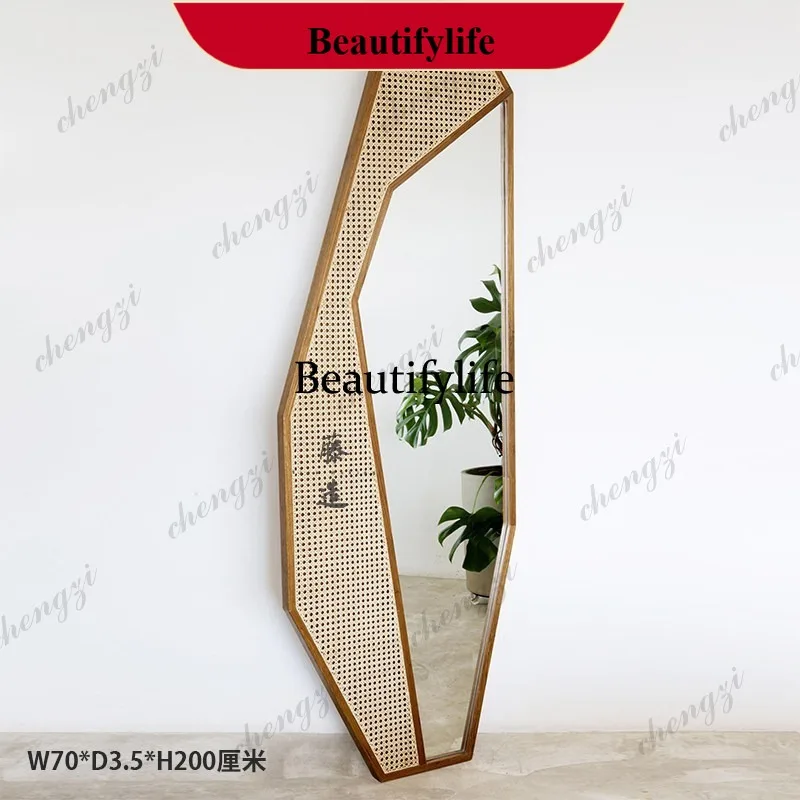 E153 Wabi-sabi rattan wall mirror bedroom full body floor rattan mirror fitting mirror