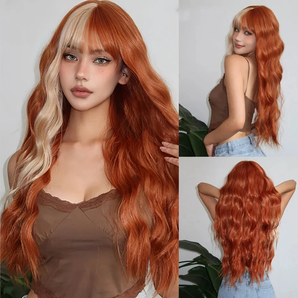 

Curly Orange Copper Ginger Ombre Blonde Long Wavy Syhthetic Bangs for Women Cosplay Christmas Heat Resistant Wigs