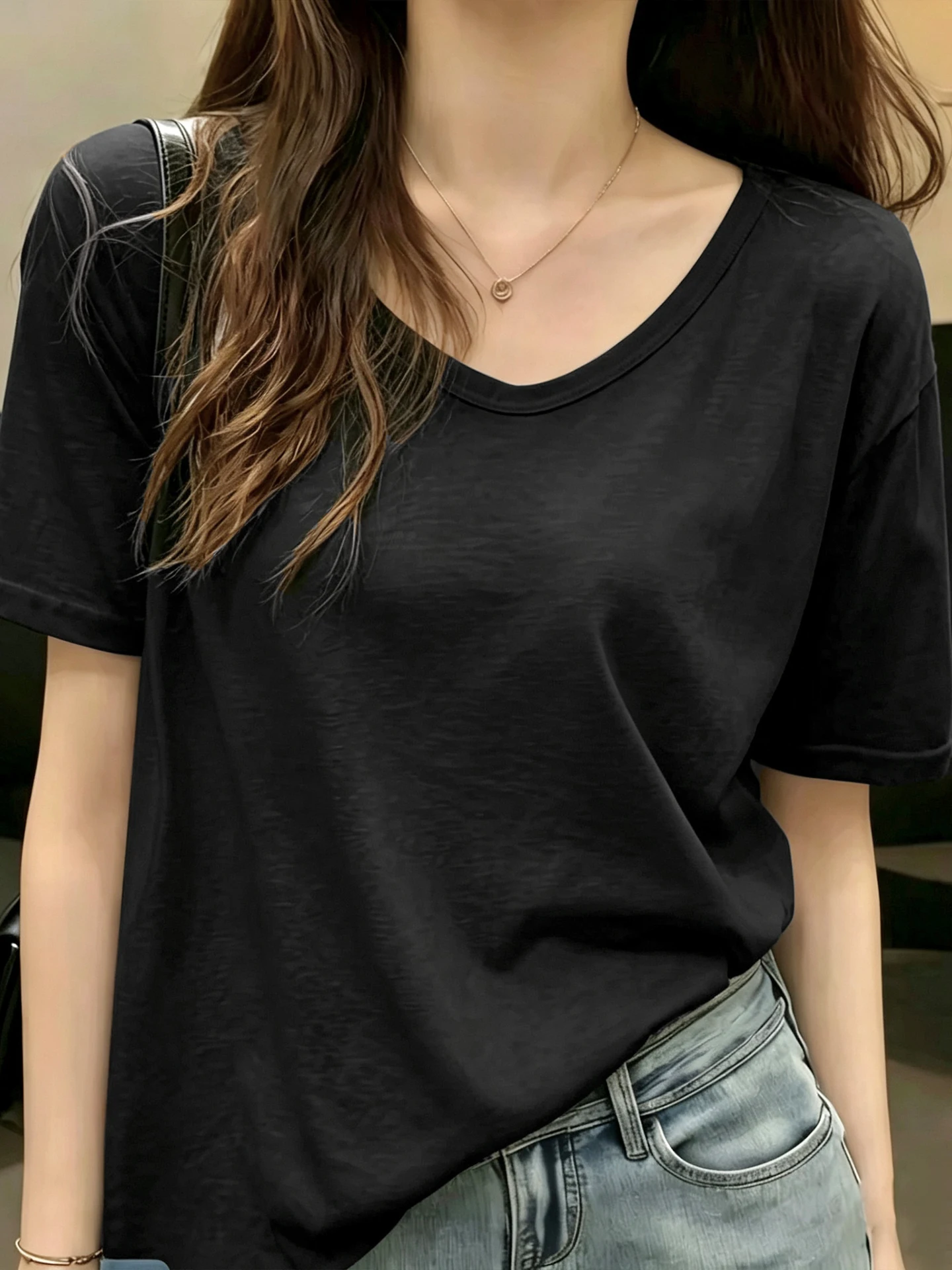 Loose Fit Bamboo Rayon V-Neck Short Sleeve T-Shirt Women's Basic Style Breathable Summer Top Casual Versatile Slimming Effect