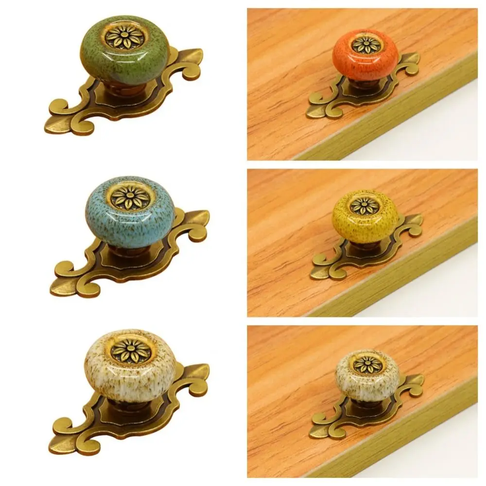 Creative Single Hole Ceramic Knob Ethnic Style Ceramic Flower Pull Handle Antique Bronze Drawer Knobs Furniture