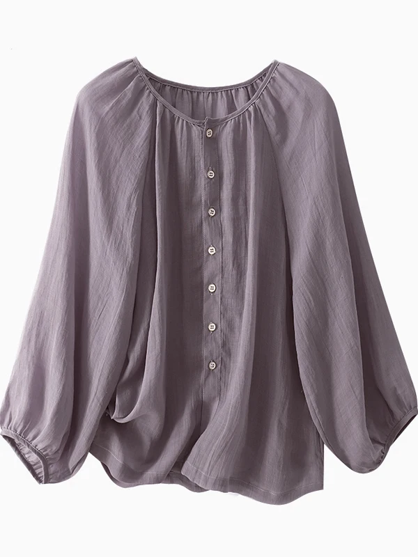 ZiMo QingHe~레트로 포레스트 시스템 랜턴 스타일 실크 코튼 린넨 캐주얼 루즈 여성용 빈티지 슬레 라운드 넥...