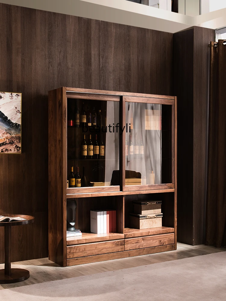 Solid Wood Glass Large Wine Cabinet Sliding Door Bookcase Villa Living Room Black Walnut Display Wine Cabinet