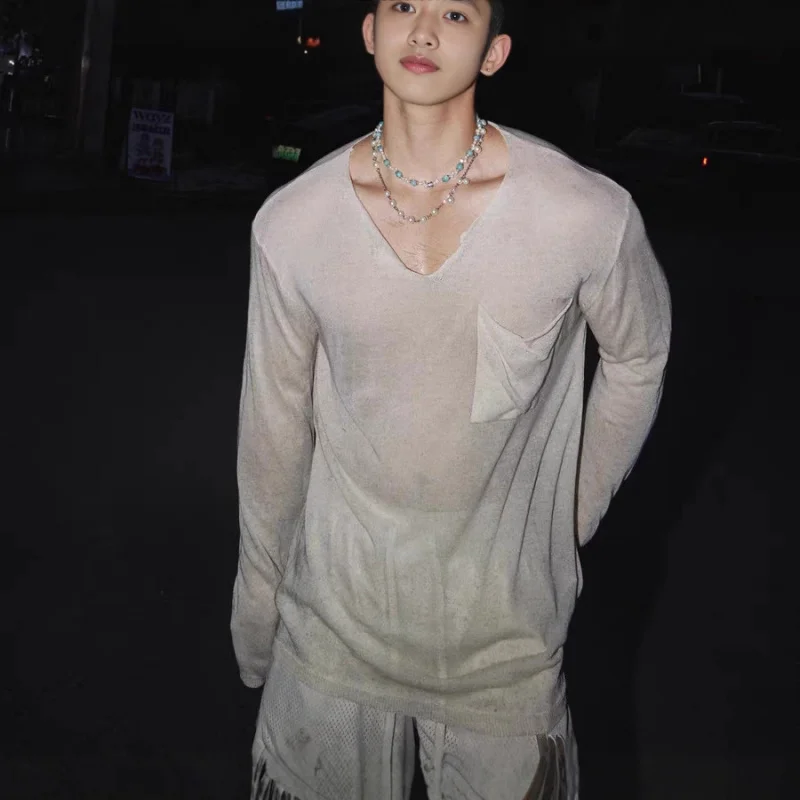 Men’s Sheer-Shirt Long Sleeve V Neck Transparent Mesh See Through Slim Fit Base Layer Underwear Fashion Streetwear Men