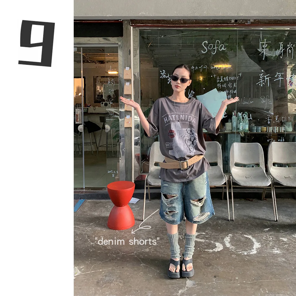 Hole Jeans Women Knee Length Wide Leg Pants Ripped Straight Mid Waist Washed Distressed Shorts 2025 Summer Streetwear Denims