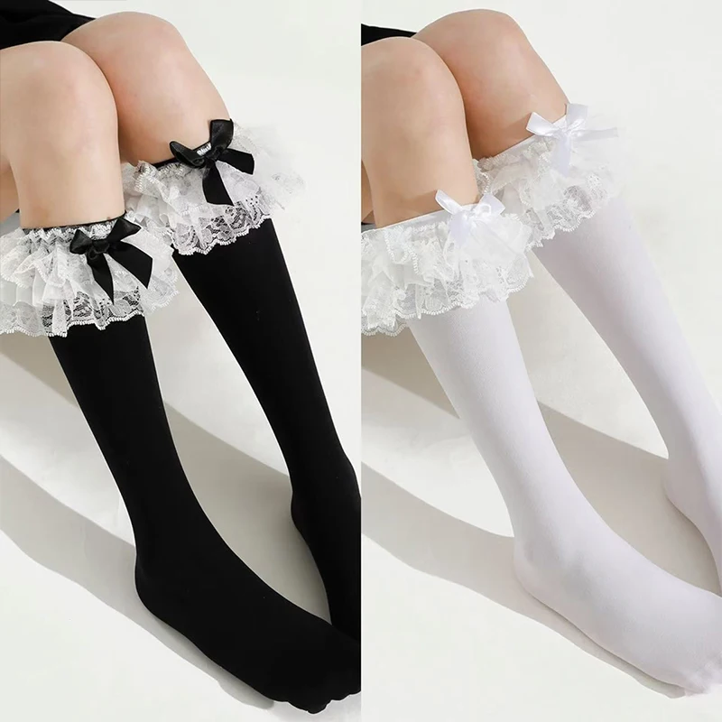 Kawaii Lolita Lace Calf Stockings Multi Layer Bow Cotton JK Japanese Long Stockings Vintage Gothic Palace Cosplay Accessories