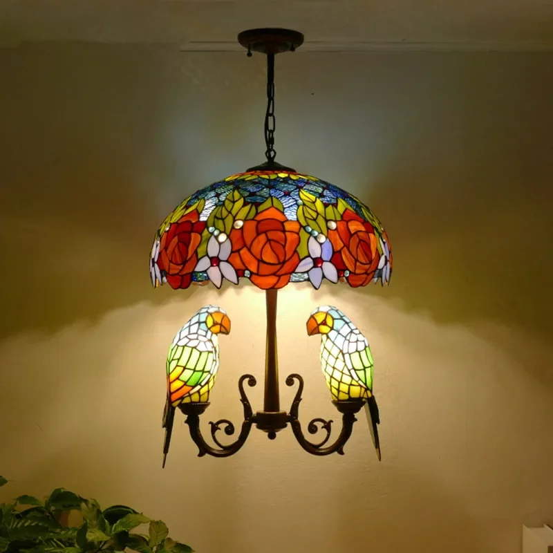 8M Tiffany Parrot Chandelier Vintage Creative Color Glass Living Room restaurant Bedroom Hotel Corridor Pendant Lamp