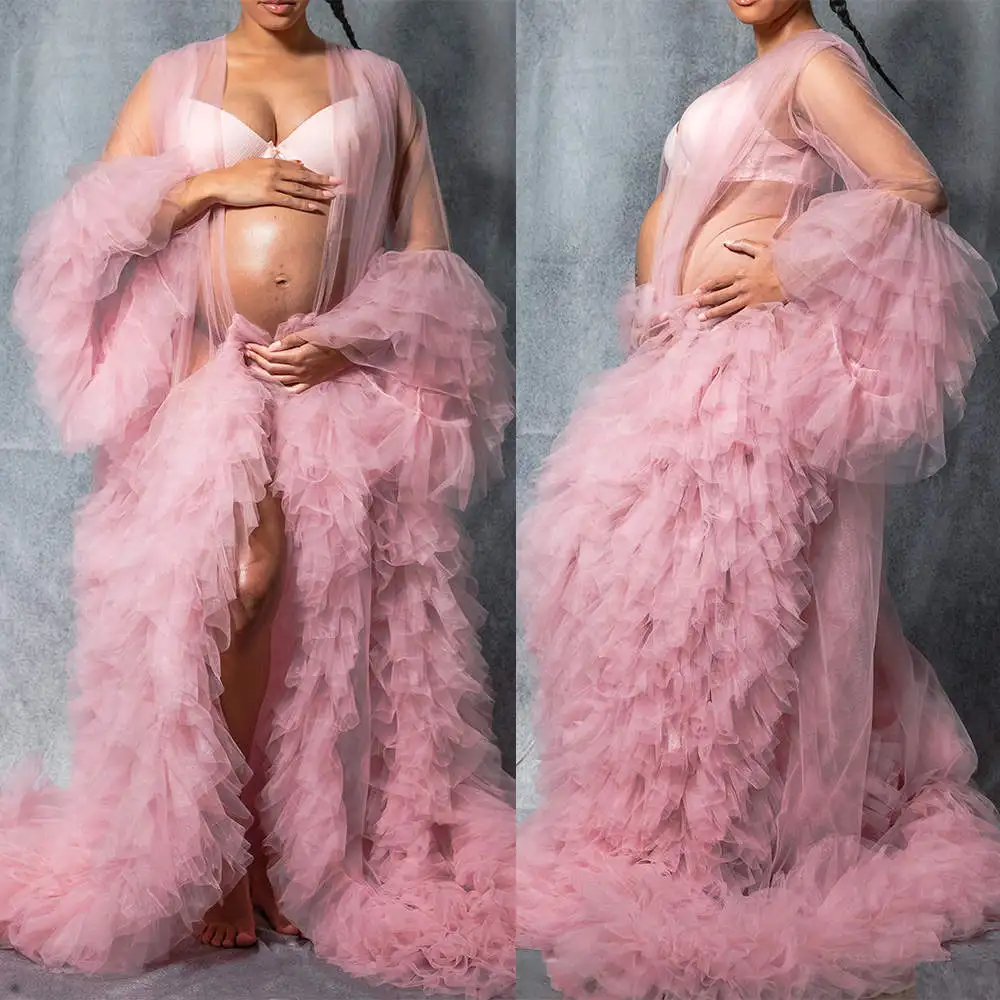 

Ruffles Pregnant Party Sleepwear Ruched Tulle Long Sleeve Women Bathrobe Sheer Nightgown Pijama Evening Dresses Photo Costume