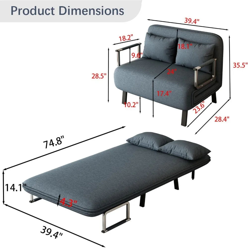 3 in 1 Convertible Sofa Bed, Folding Loveseat Sleeper Sofa Bed with 6-Position Adjustable Backrest and Pillows