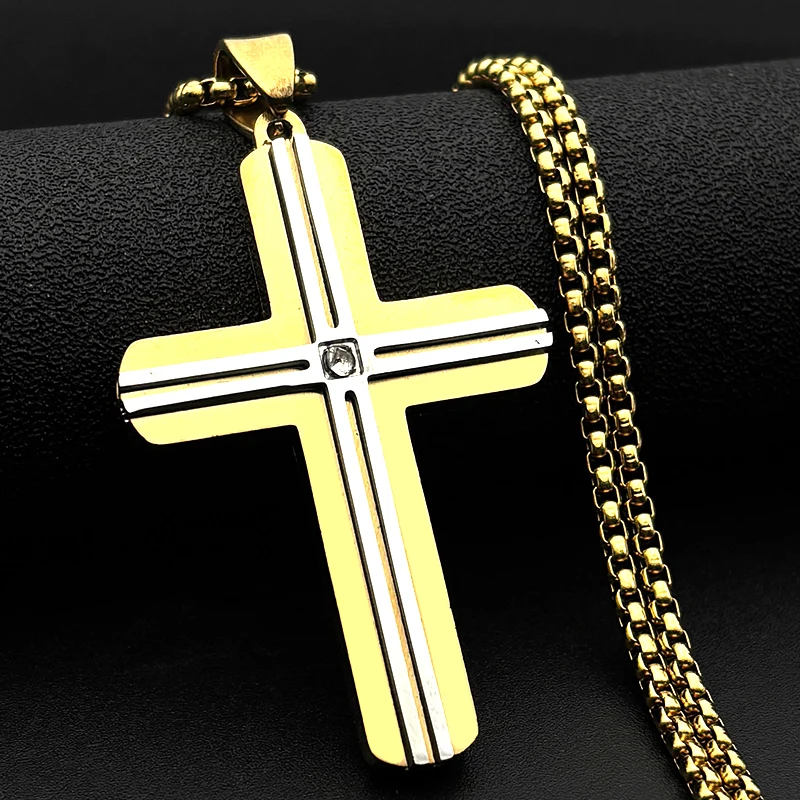 المسيحية يسوع الصليب حجر الراين قلادة قلادة للنساء الرجال الفولاذ المقاوم للصدأ الذهب اللون الدين الصليب سلسلة مجوهرات هدية