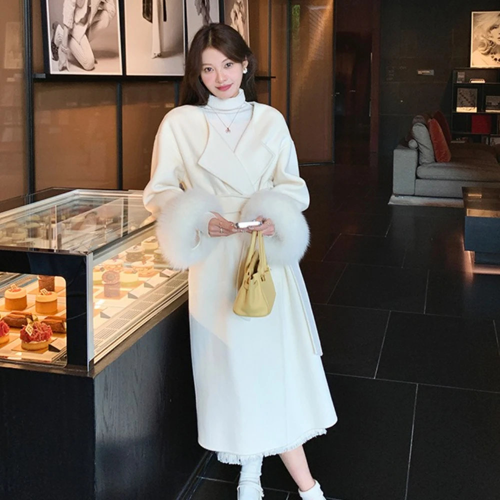 Élégant réel manteau de fourrure de renard mode hiver femmes chaud longue Double face cachemire laine pardessus 2025 nouveau automne couleur unie manteau