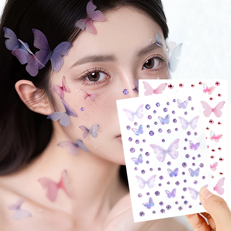 

3D Face Self Adhesive DIY Facial Temporary Tattoos Stickers Butterfly Crystal Diamond Sticker for Stage Party Decorate Supplies
