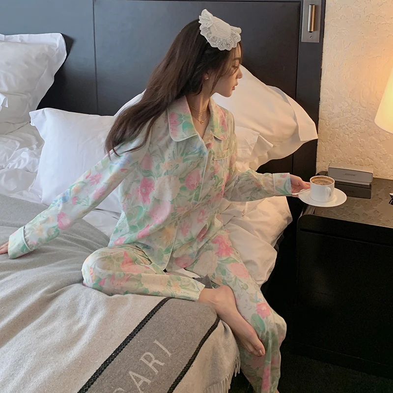 Pastoral Style Summer Silk Pajamas Set for Ladies 2023 New Long Sleeve Top and Pant Suits Sleepwear Pajamas Sets Home Suit Woman