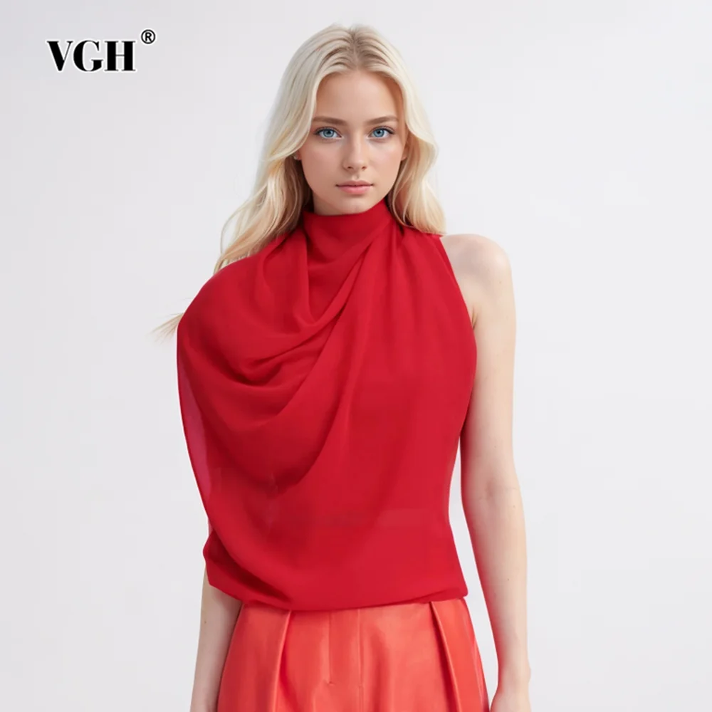 

VGH Solid Sexy Asymmetrical Mesh Blouses For Women Turtleneck Sleeveless Backless Minimalist Slimming Blouse Female Fashion New