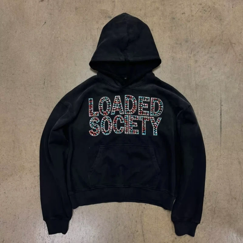 سترة نسائية بغطاء للرأس بنمط حروف ماسية ملونة من American High Street Y2K ملابس رياضية فضفاضة على طراز الهيب هوب للرجال والنساء