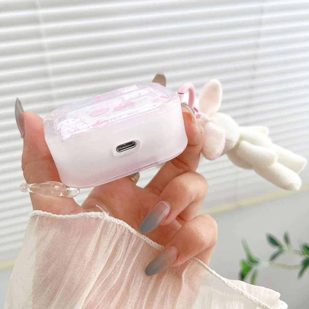 Pink Bunny Cherry Bowknot Case For AirPods 3 Pro2 Hairball Rabbit Pendant Earphone Case for AirPod 2 Pro Case Soft Cover Keyring