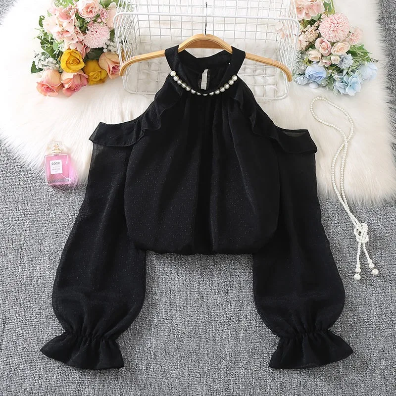 

Женская рубашка с открытыми плечами и бисером, воротником-халтер, новинка 2025, осенний шифоновый топ с длинными рукавами