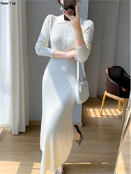 2024 New Autumn Chic Buttons Knitted Dresses Women Slim Elegant High Waist A Line Sweater Dress Winter Female Knitwear