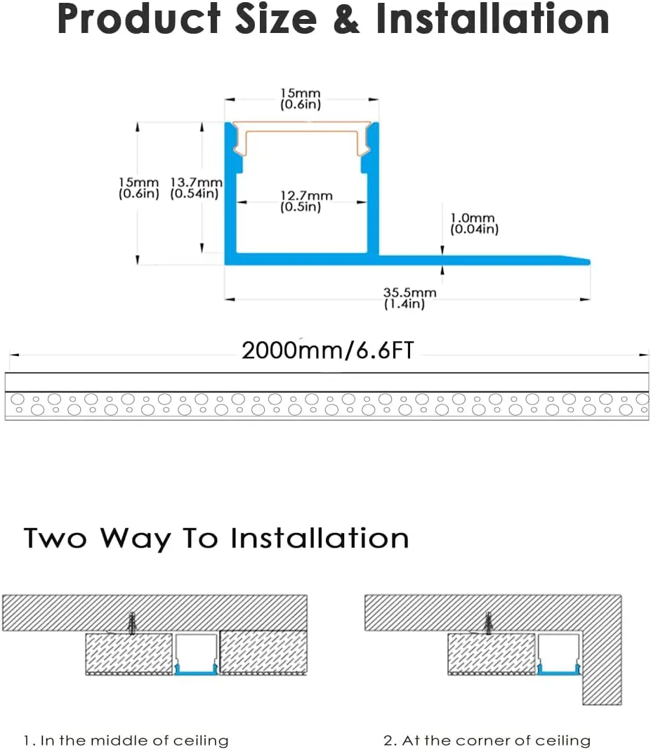 Besseto Plaster-In Led Channel 10 Pack 6.6Ft/2 Meter Trim Edge Tile Led Strip Aluminum Channel, Trimless Recessed Drywall