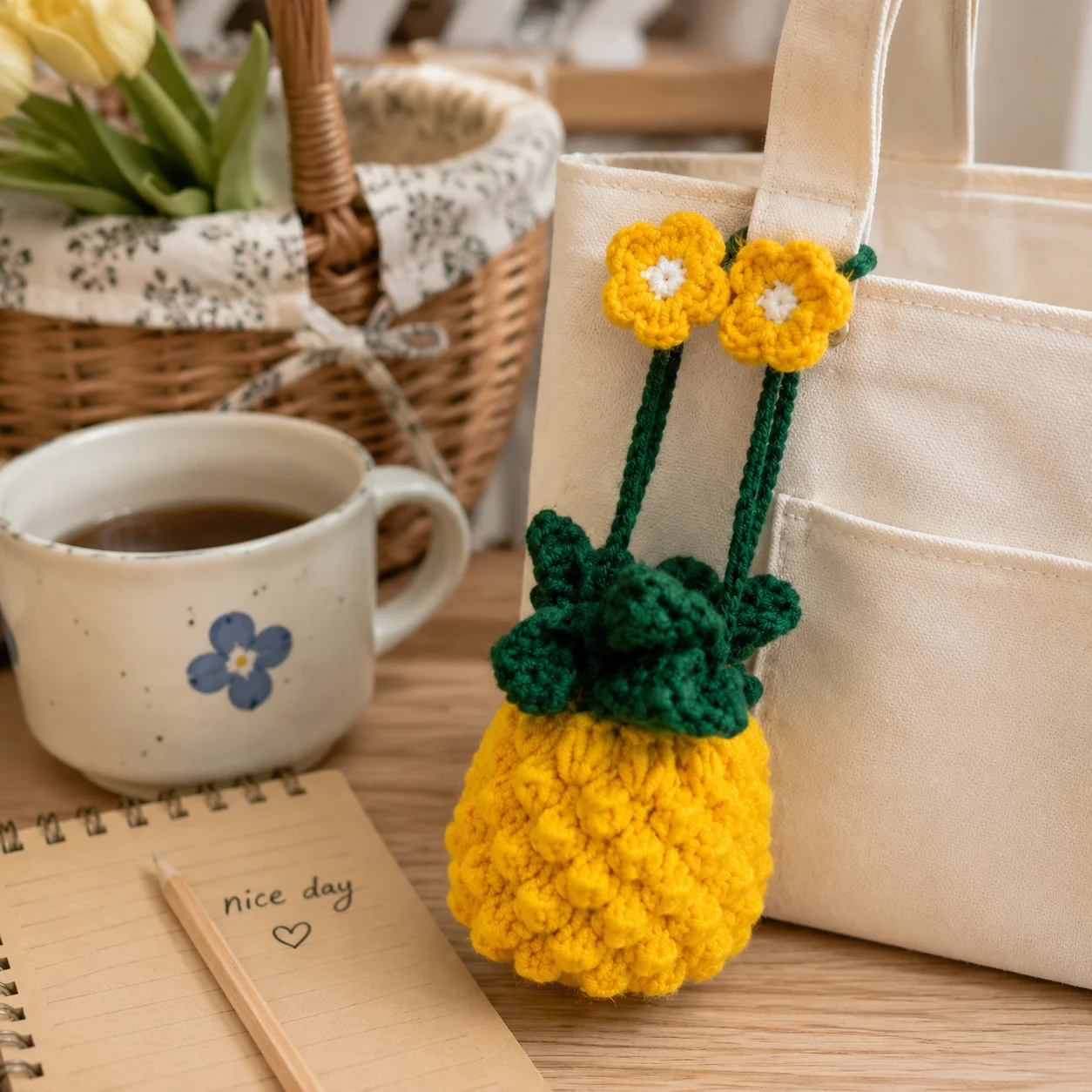 Pineapple Crochet Drawstring Bag, Yellow Fruit Shaped Pouch with Green Leaves and Floral Ties, Cute Small Storage Bag
