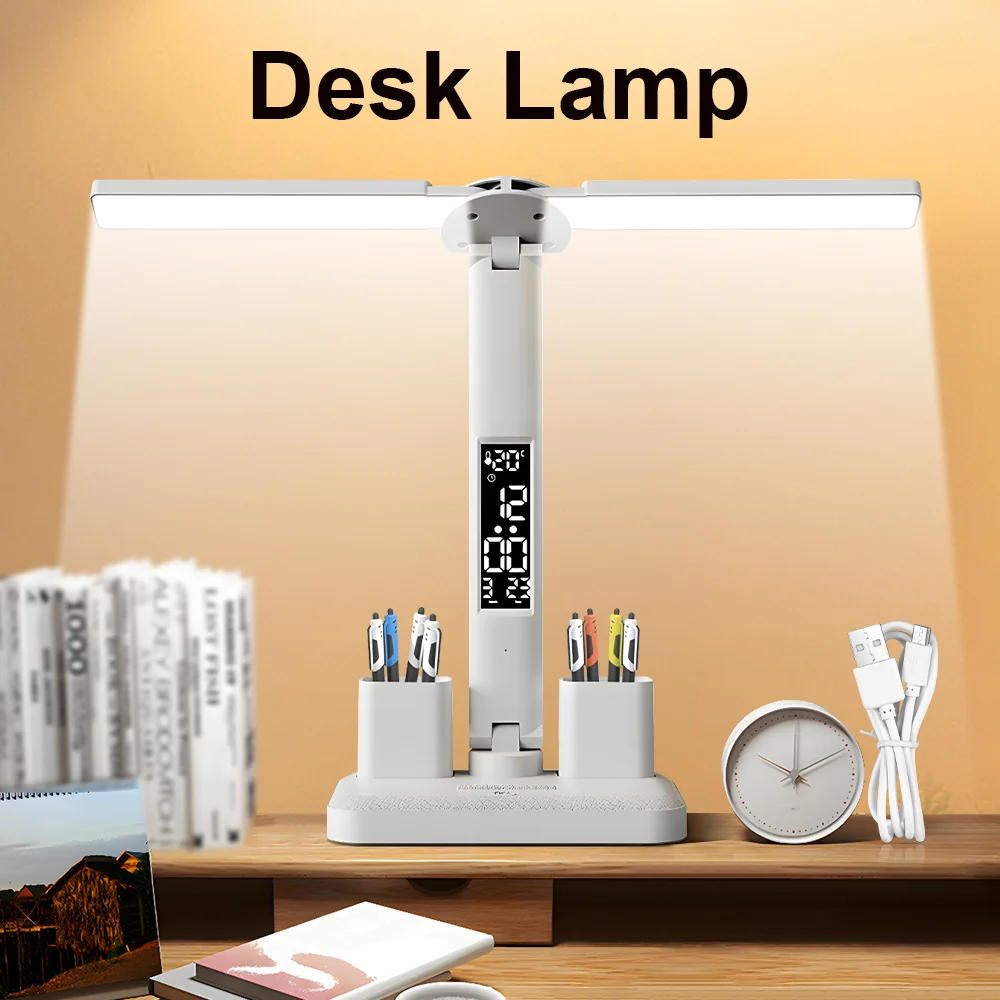 Складная светодиодная настольная лампа Защита глаз USB для чтения Сенсорный будильник с регулируемой яркостью Термометр Светодиодная настольная лампа USB-зарядка Ночник
