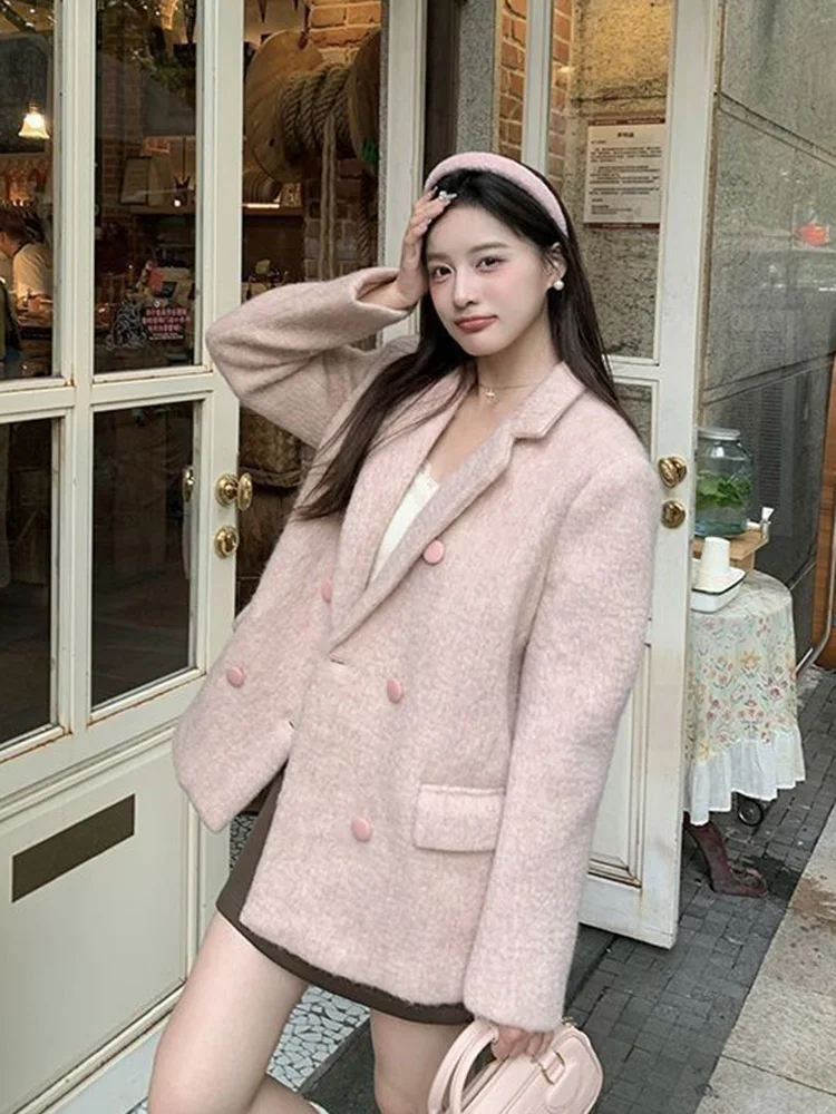 

Pink Faux Woolen Blazer Women Slim Long Sleeve Elegant Sweet Suit Coat Korean Vintage Solid Fall Winter Female All Match Outwear