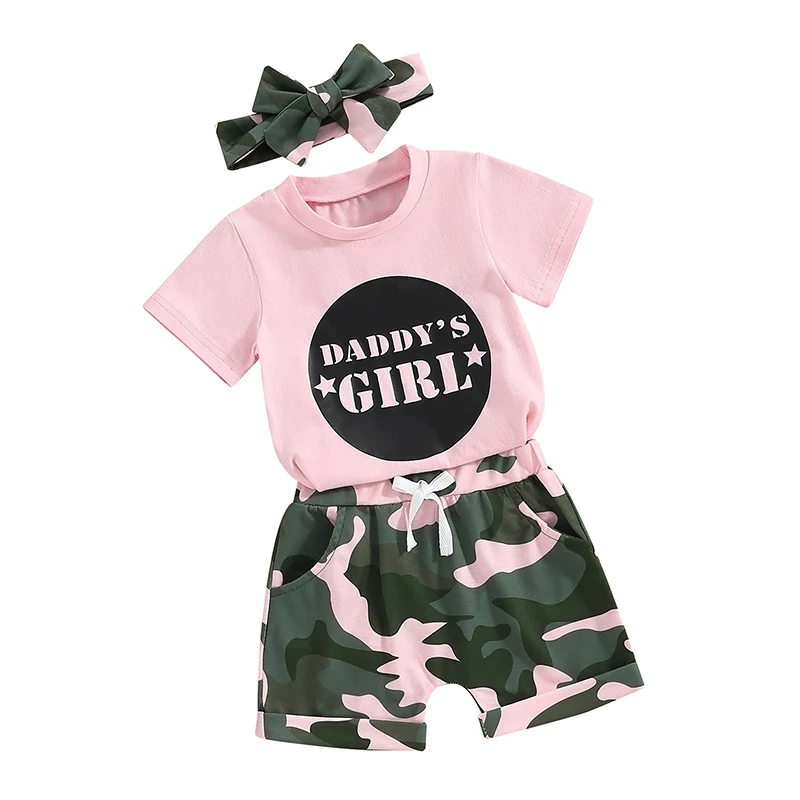 Toddler Girl Summer Clothes Daddy Mommy Girl T-shirt Baby Girl Tops Camo Shorts Set 3PCS Infant Girl Outfit