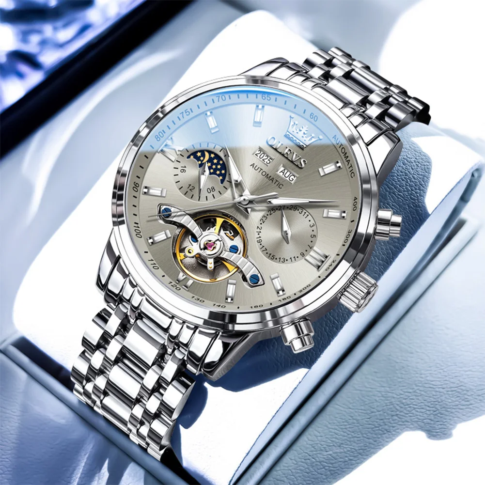 

OLEVS брендовые роскошные часы с турбийоном для мужчин, спортивный ремешок из нержавеющей стали, водонепроницаемые модные автоматические механические часы, мужские