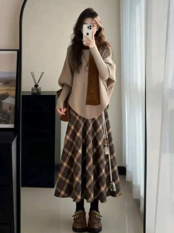 Conjunto de suéter de punto a cuadros Retro para mujer Otoño Invierno Batwing Sve falda acampanada ajustada de cintura alta conjunto de dos piezas